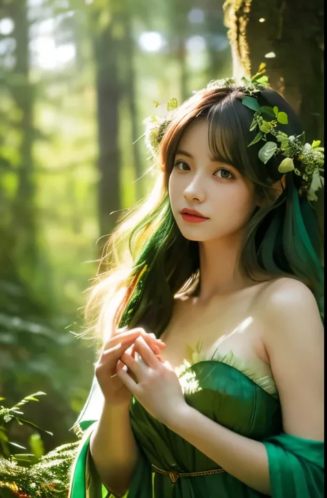 Best Quality, 4K, 8K, hight resolution, ​masterpiece, Ultra-detailed, Realistic, Cinematic lighting, Beautiful detailed glow,Light leak, amazing, Intricate details, Photorealistic, Green hair, having a birds-eye view, A cute Japanese woman, Small breasts, ...