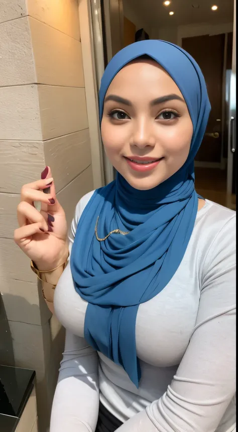 RAW, Best quality, high resolution, masterpiece: 1.3), beautiful Malay woman in hijab,Masterpiece, perfect  fit body, ((Huge breast)), biggorgeous eyes, Soft smile,muslim woman in a plain long sleeve shirt and hijab posing for a picture, hijab, with lovely...