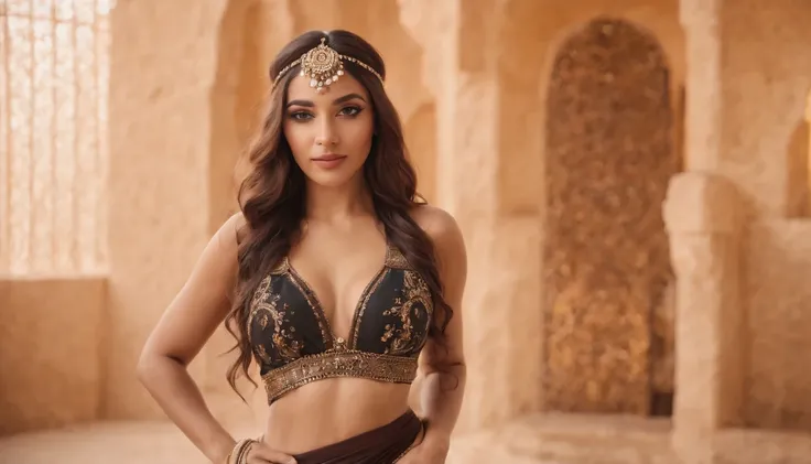 ((best quality: 4k)) 23 year old surreal Egyptian girl, professional dancer, wearing belly dance suit, dancing with hips，Curves in Influencer Mode, culona, selfie, hyper realistic, hot young dancer, Sexy look, Belly dancer , 8K, 4k, light brown skin, gym r...