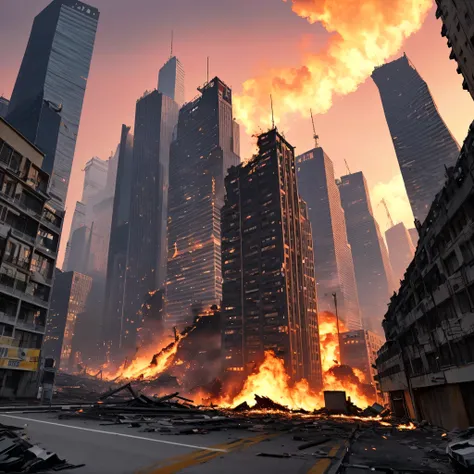 future 2084, future urban apocalypse, the city is on fire, bombardment, red sunset, skyscrapers are half destroyed, local resist...