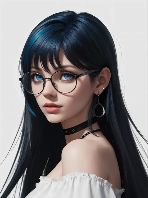 8k wallpaper, masterpiece, movie lighting, best quality, illustration, dramatic angle, ((color: 1.1)), ((color inner hair: 1.4)), 1girl, solo, long hair, water, blue eyes, black glasses, choker, parted lips, white choker, liquid hair, black hair, bangs, fr...