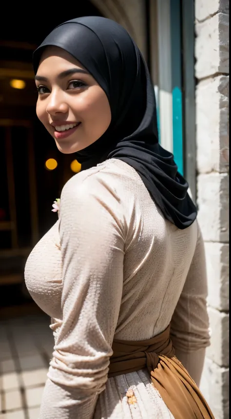 1 malay woman in hijab,((wear tight white baju kurung with small floral pattern)),(big buttockig round ass, Small chest, laughing smile, (hijab flying), de pele branca,big breasts thin waist, mexico-style street, Hyper-Realism, Cinematic lighting, depth of...