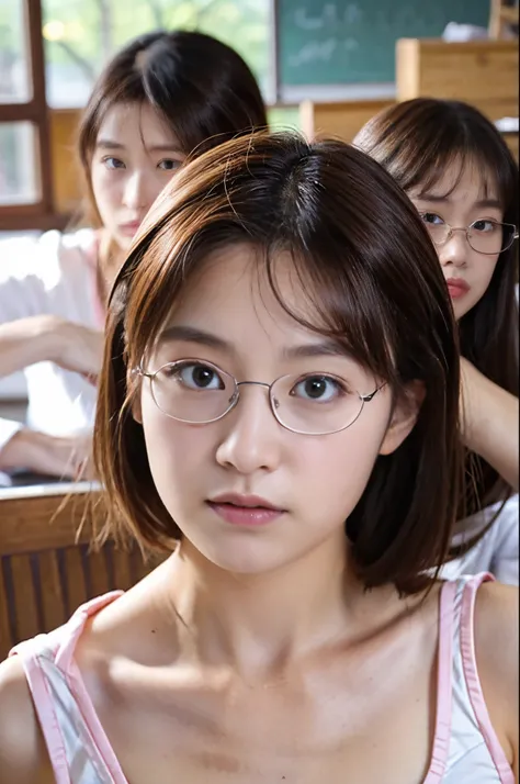 8K、Top image quality、​masterpiece、夏天、Japanese high school girl meets her friends in the classroom。She rolled her eyes、pink metal frame glasses、Silk underwear、Detailed eyes、facial close-up