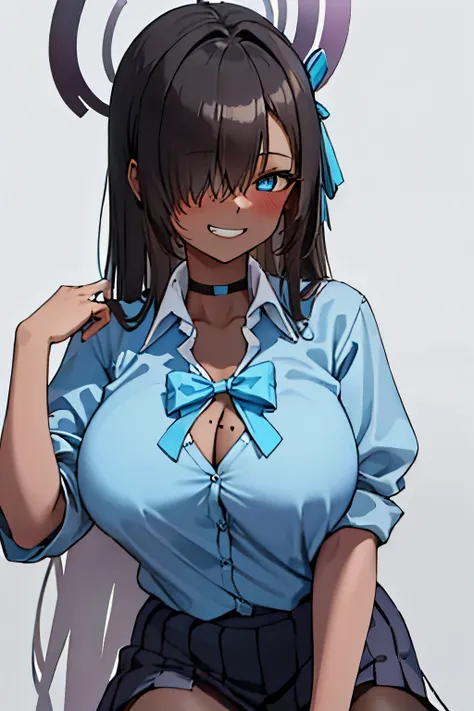 long_hair, bangs, blue_eyes, smile, hair_over_one_eye, light_brown_hair, breasts, blush, halo, large_breasts, ribbon, bow, bowtie, grin, hair_ribbon, blue_bow, blue_bowtie, cleavage, blue_ribbon, very_long_hair, mole, mole_on_breast, dark skin, hair coveri...