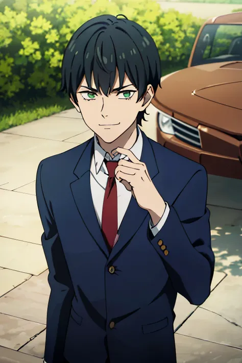 1boy, black hair, green eyes, short haircut,bob hair, bangs, red necktie, blue suit, long sleeves, smirk