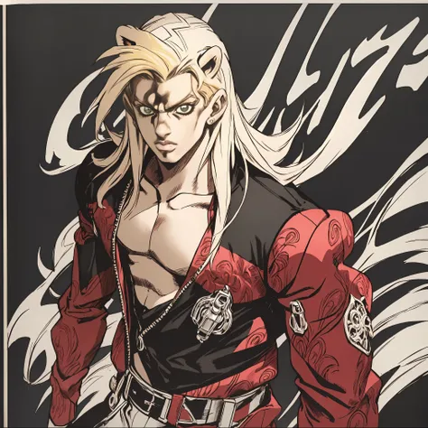 ((hirohiko araki style)), one male, lion ears, long hair, blond, blond hair, green eyes, tall, muscular, bomber jacket, beautifu...