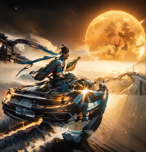 Close-up of an ancient man riding a bicycle on the road,The background is the full moon, author:Stunning art work by Yang k, Digital fantasy art ), trending Digital fantasy art, 4K fantasy art, 8k fantasy art, by Qu Leilei, epic fantasy sci fi illustration...