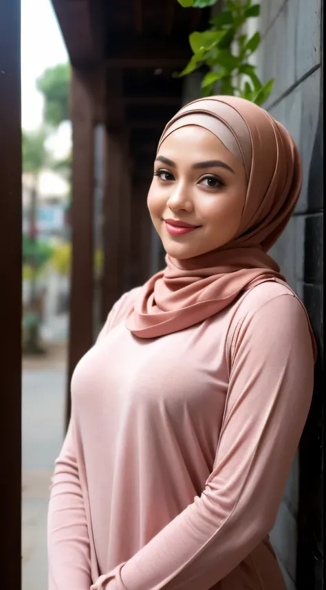 RAW, Best quality, high resolution, masterpiece: 1.3), beautiful Malay woman in hijab,Masterpiece, perfect  fit body, ((Huge breast)), biggorgeous eyes, Soft smile,muslim woman in a plain long sleeve shirt and hijab posing for a picture, hijab, with lovely...