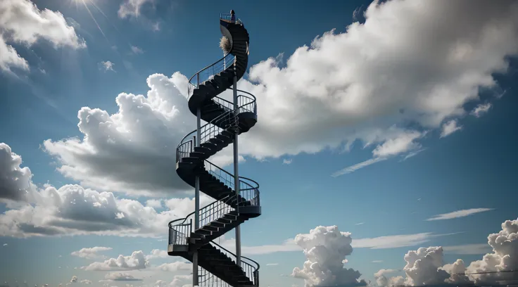 Spiral staircase floating in the cloudy sky