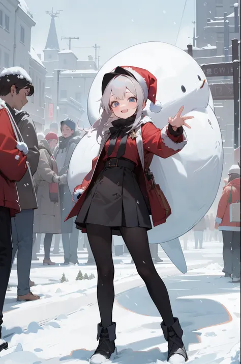 (outdoor, snow city, snow, crowd, party), 1girl, standing, have Christmas Gift, from front, {{Santa, Santa cosplay, black tights}}, (smile), masterpiece, best quality, 8k, perfect anatomy