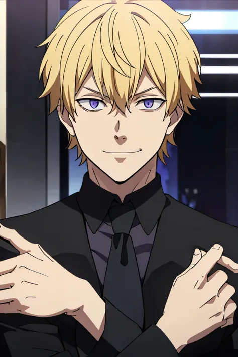 1boy, blonde hair, violet eyes, short haircut,messy short hair, bangs, black necktie, black long suit, long sleeves, evil smirk