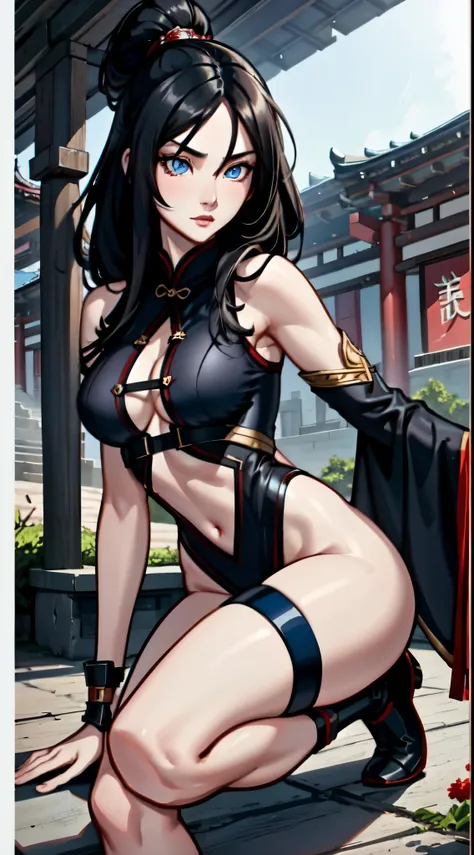 A [Chinese] female, with long dark [black] Hair, [blue] eyes, [nude, very tall, athletic, pale skin, beautiful warrior, alluring martial artist], perfect composition, hyper-detailed, 8K, high quality, (perfect eyes), sharp focus, studio photo, intricate de...