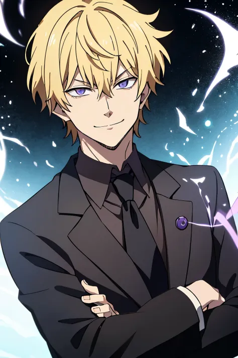 1boy, blonde hair, violet eyes, short haircut,messy short hair, bangs, black necktie, black long suit, long sleeves, evil smirk