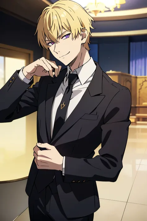 1boy, blonde hair, violet eyes, short haircut,messy short hair, bangs, black necktie, black long suit, long sleeves, evil smirk