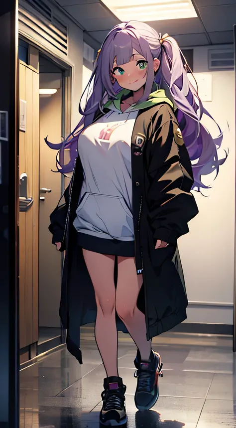 (masterpiece, highres, high resolution:1.2), anime 20 yo girl, wearing a hoodie , posing in elevator mirror, posing, illustration. drawn, violet hair woman, green eyes, blushing, shy, full body, solo, shy, blushing a lot, freckles, huge breasts, perfect bo...