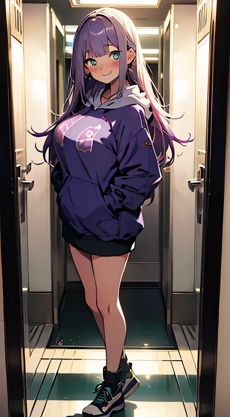 (masterpiece, highres, high resolution:1.2), anime 20 yo girl, wearing a hoodie , posing in elevator mirror, posing, illustration. drawn, violet hair woman, green eyes, blushing, shy, full body, solo, shy, blushing a lot, freckles, huge breasts, perfect bo...