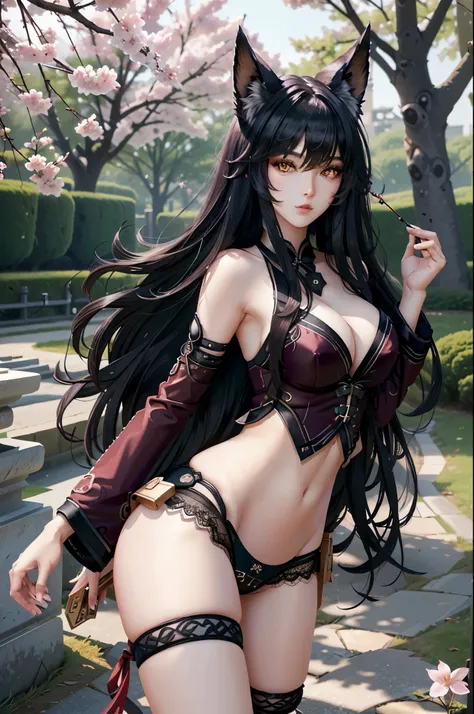 (Meisterwerk, best quality:1.3)
AhriLeague, fox girl,  1girls, nur, Lange Haare, Spaziergang in einem japanischen Park, cherry blossoms, in sexy underwear, zeigt bauch trainiert