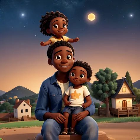 Black baby on the lap of a black mother, black man father hugging his wife and looking happily at his baby, scenery of colorful hill-shaped houses in the background, in sky, a happy star shining and lit up the sky, sand on the ground