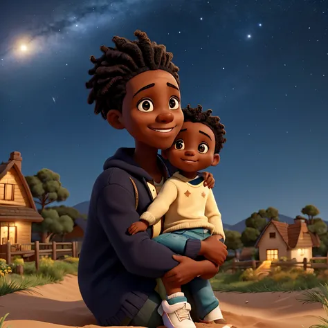 Black baby on the lap of a black mother, black man father hugging his wife and looking happily at his baby, scenery of colorful hill-shaped houses in the background, in sky, a happy star shining and lit up the sky, sand on the ground