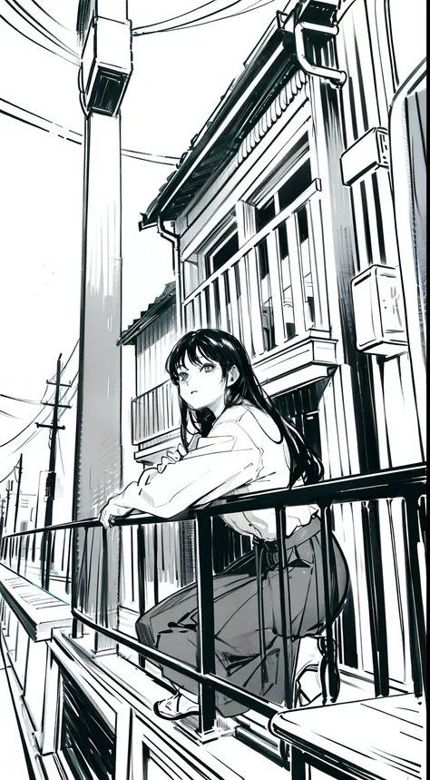 person leaning on railing，black and white manga style，line art