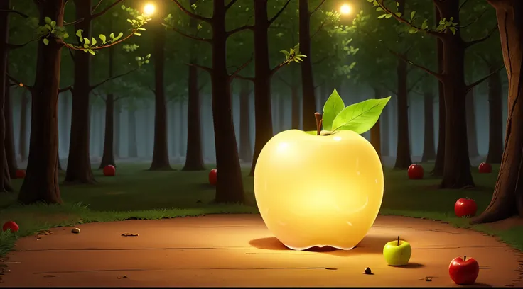 Magic apple with inner glow, magical forest background