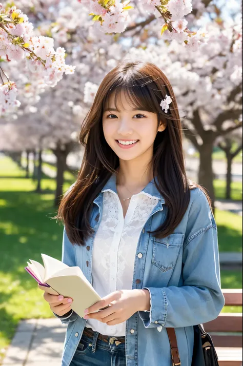 masutepiece, Best Quality, Illustration, Ultra-detailed, finely detail, hight resolution, 8K Wallpaper, Perfect dynamic composition, Beautiful detailed eyes, Natural Lip,In the bright and refreshing spring sunshine、Imagine a female college student walking ...