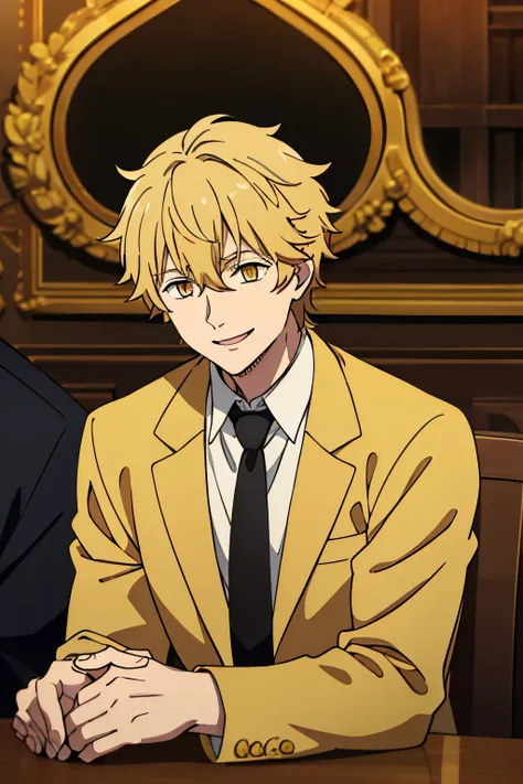 1boy, blonde hair, orange eyes, short haircut,messy short hair, bangs, black necktie, yellow long suit, long sleeves, smile