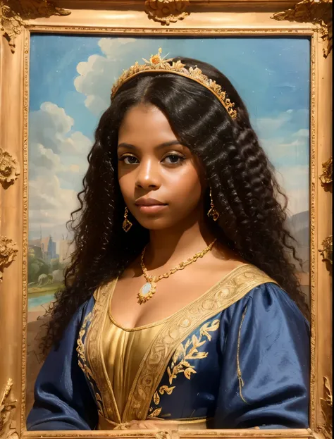 One beautiful black young woman are in the French gallery, they are absorbed in the painting by magical events and turn into a painting of medieval women, in the painting, while the medieval women are free and leave the gallery, high detail of the face, 8k...