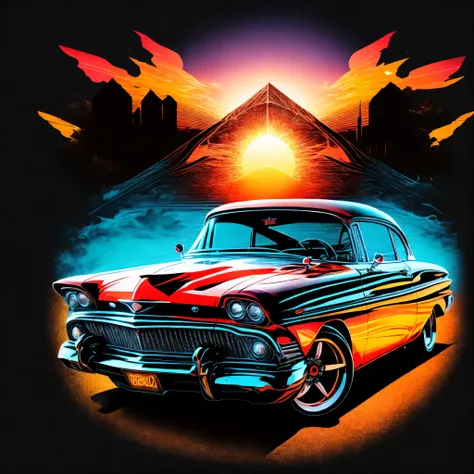 Artwork for t-shirt graphic design,  modren cars, highly detailed clean, vector image,  masterpiece, professional photography, realistic car,  car sunrise background, flat black background, , vibrant vector