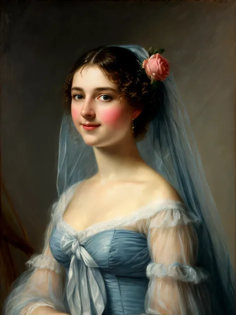 painting of a extremely gorgeous woman in a blue dress and a veil holding a rose, adelaide labille - guiard, inspired by Adélaïde Labille-Guiard, by Adélaïde Labille-Guiard, inspired by Élisabeth Vigée Le Brun, by Élisabeth Vigée Le Brun