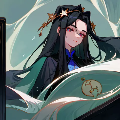 Black flat board for coffin，There lay a young girl in a dark blue robe.，Fair skin can be broken by a whiff，Long inky hair emphasizes delicate facial features.，Thin pink lips slightly pursed.，At the top is the white jade nose of the qiong.，Thin eyelashes tr...