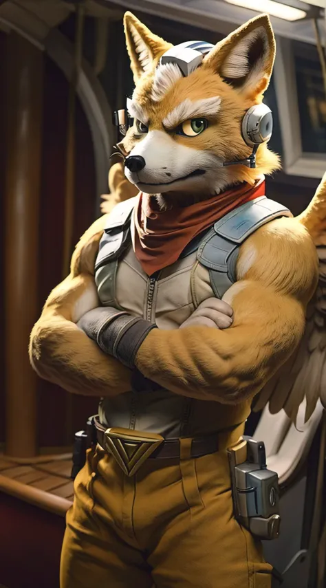 fox mccloud alone standing on the ship looking at the viewer with serious expression wearing the default outfit from the latest ...