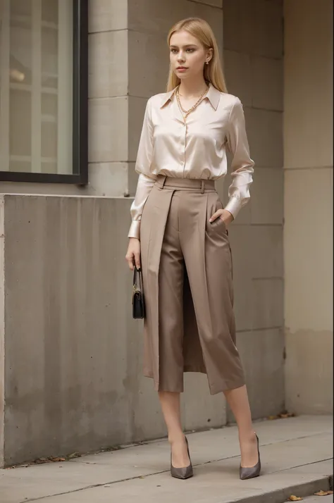 Dressed tailored knee-length skirt or pants paired with a silk blouse in muted tones. Add a pearl necklace, a structured handbag, and low-heeled pumps, blond russian woman realistic