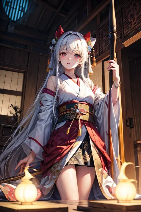 Ancient japanese shrine priestess, Cute Girl, Kimono, Long White Hair, Ruby Red Eyes, Princess, Kaguya, Full Moon, Haori, loli, wielding a priestess staff, summoning spirits, highly detailed, vibrant appearance, creative behavior, extremly detailed, imagin...