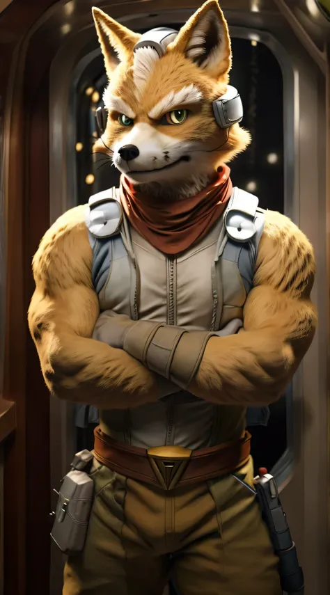 fox mccloud alone standing on the ship looking at the viewer with serious expression wearing the default outfit from the latest ...