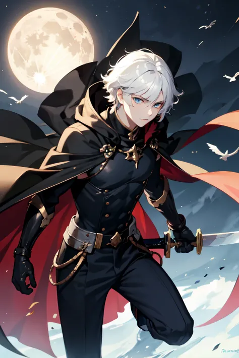 combats，Libido boy，White hair，Hold the long sword，attacking，irate，Black cape，blue color eyes，moon behind sky