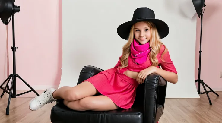 girl BLONDE CHILD ,wearing a pink hat and scarf sitting on a black leather chair, Photo of a promotional session, Photo Session promocional, pink cowboy hat, jovem adolescente, Photo Session, Photo Session, inspirado em Toros Roslin, red dress and hat, ens...