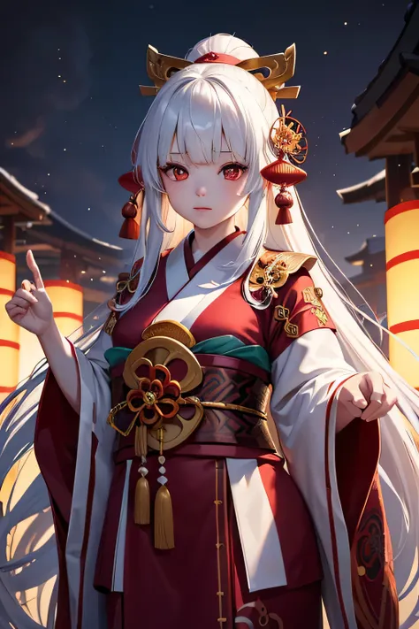 Ancient japanese shrine priestess, Cute Girl, Kimono, Long White Hair, Ruby Red Eyes, Princess, Kaguya, Full Moon, Haori, loli, wielding a priestess staff, summoning spirits and ghosts around her, nighttime, highly detailed, vibrant appearance, creative be...