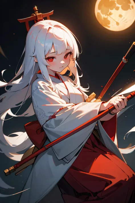 Ancient japanese shrine priestess, Cute Girl, Kimono, Long White Hair, Ruby Red Eyes, Princess, Kaguya, Full Moon, Haori, loli, wielding a priestess staff, summoning spirits and ghosts, Ghosts and spirits flying around her, nighttime, highly detailed, vibr...