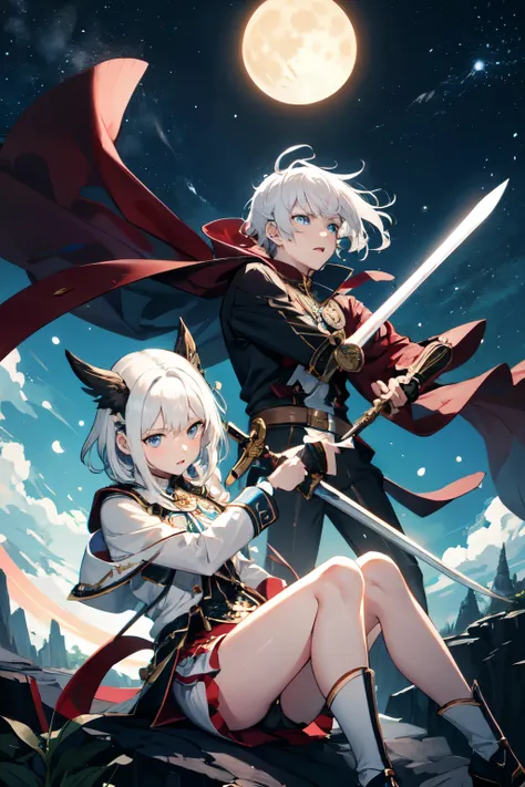 Libido boy，combats，Libido boy，White hair，Hold the long sword，attacking，irate，blue color eyes，moon behind sky、ground cliff