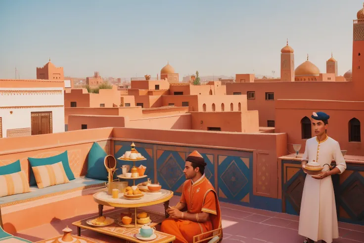 January 2023. Rooftop Tea Party in Marrakech, Morocco.
Description: Characters gather for a whimsical rooftop tea party overlooking the vibrant cityscape of Marrakech. The ornate tea set and eclectic attire bring a touch of Wes Andersons visual style to th...