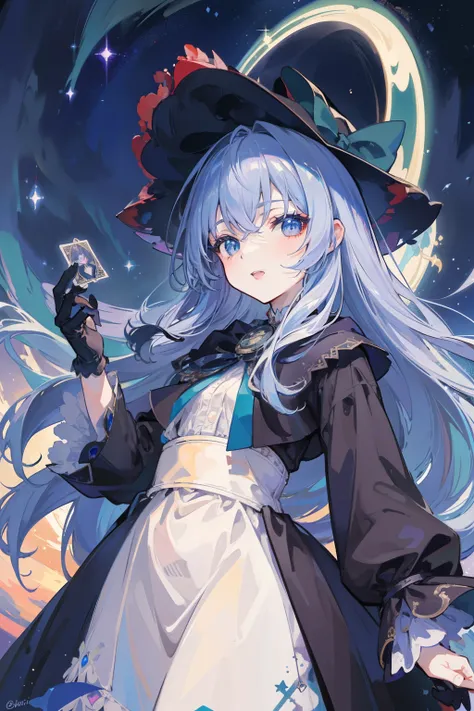 ((Masterpiece: 1.2, Best Quality)), 1girl, Solo, (Witch Hat), Blonde, Long Hair, Dress, Aurora, Night, Stars (Sky), Gloves, Sky, White Dress, Night Sky, Open Mouth, Starry Sky, Blue Eyes, Ribbon, Very Long Hair, Red Dress, Smile, Hair Ribbon, Cloak, Blue H...