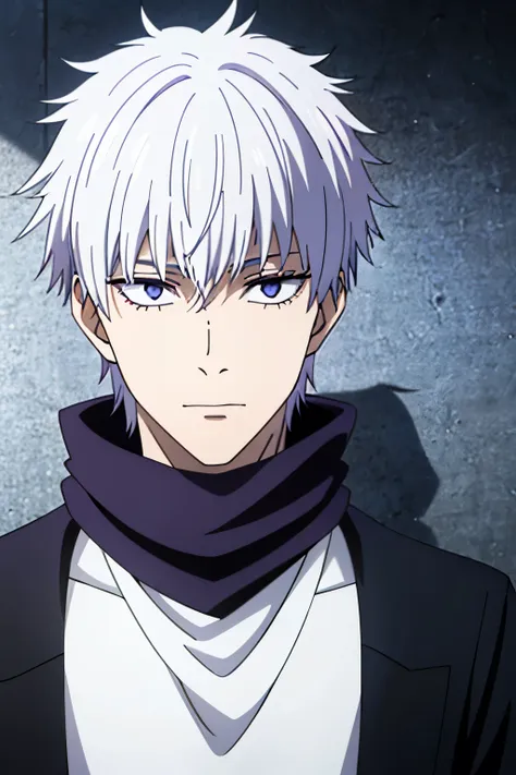 1boy, solo, teenage, white hair, violet eyes, short haircut, wolf haircut, wolfcut, mullet, black scarf, messy bangs, pale skin,...