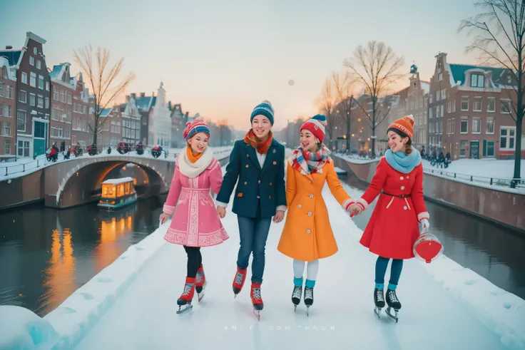 January 2023. Vintage Ice Skating Carnival in Amsterdam, Netherlands.
Description: A diverse group of adults and teens, donned in retro ice skating outfits, gracefully glides on a frozen canal in Amsterdam. The colorful scarves, hats, and whimsical skates ...