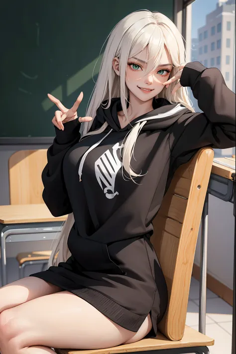 (masterpiece:1.2, best quality), (real picture, intricate details), 1lady, solo, upper body, showing legs, sitting down, school, school settings, long hair, minimal makeup, detailed face, evil smirk, evil expression, mean, really long light platinum blonde...