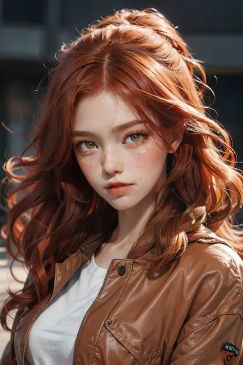 a close up of a woman with red hair and a brown jacket, red hair and attractive features, flowing ginger hair, ginger hair, ginger hair with freckles, copper hair, redhead woman, a redheaded young woman, red head, yelena belova, she has long redorange hair...