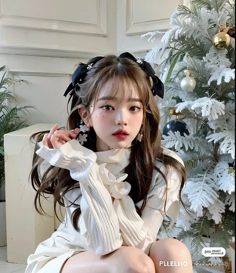 a closeup of a person sitting in front of a christmas tree, Lalisa Manobal, ulzzang, colas gemelas blancas_Guantes, Lalisa Manoban de Blackpink, neat hair con flequillo, long hair con flequillo, con flequillo, long hair con flequillo completo, Peinado blan...