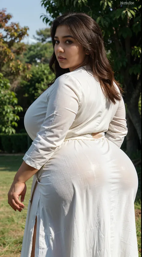 Bbw Pakistani,(mictofiber white long dress) facing the camera)(big booty) (fat hip) (a quarter side view) (face here) Plus size bbw big boobs,grass (wide booty)