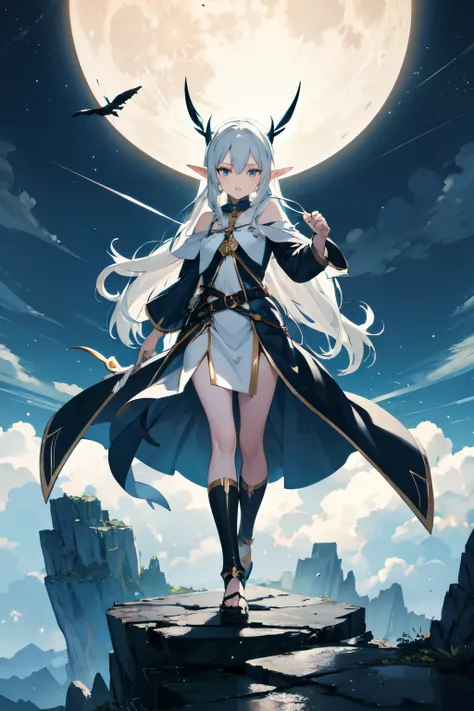 the elf，，combats，girl，Black and white hair，Hold it in your right hand，，magia，attacking，irate，blue color eyes，moon behind sky、ground cliff，Blackn clothes，irate to the extreme，in a panoramic view