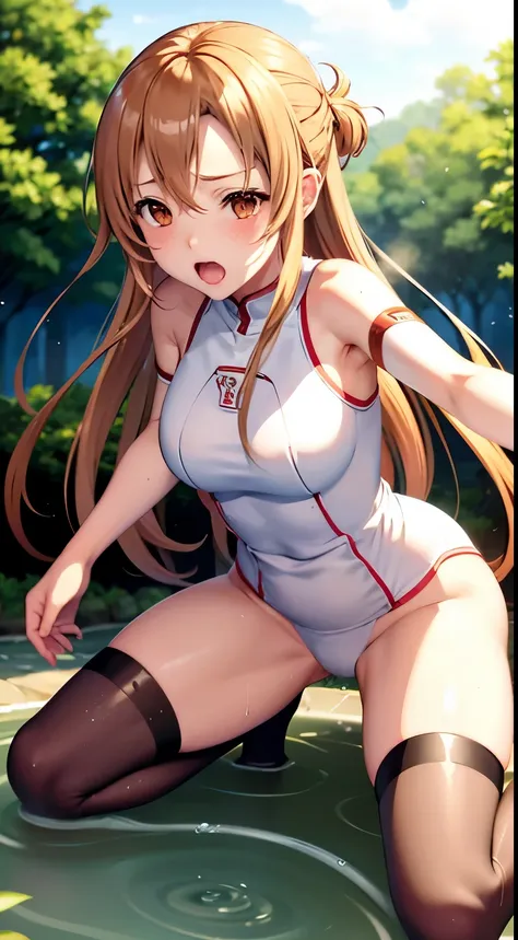 Asuna、浅笑、A sexy、white swimwear、s Armor、floated hair、sword holding、outstretched arm、top-quality、liquid that gives a sexual impression、Sweat sweat、Dripping sweat、anguished expression、Squad Position、masutepiece